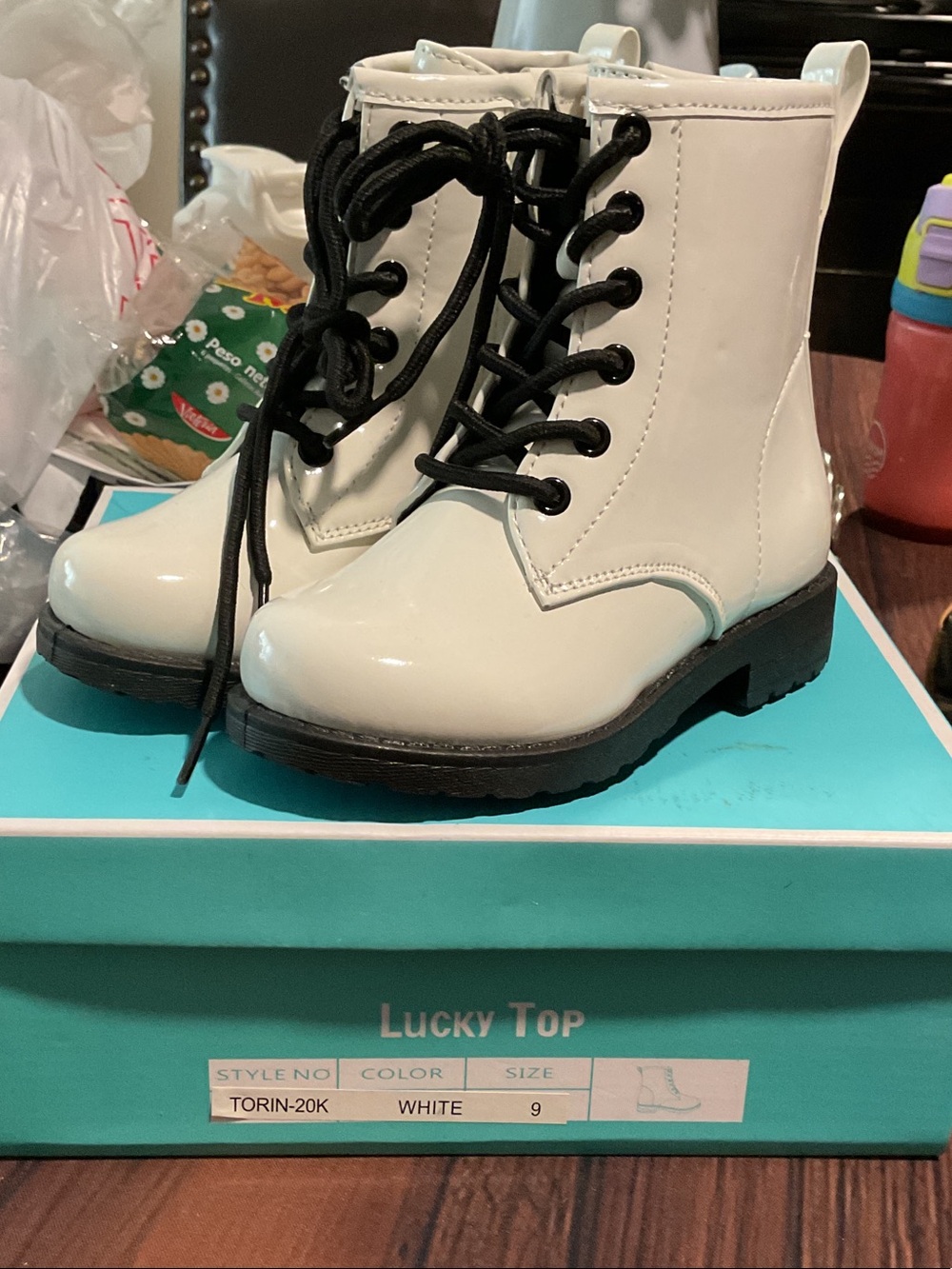 Lucky Brand White Patent Lace-Up Kids Combat Boots